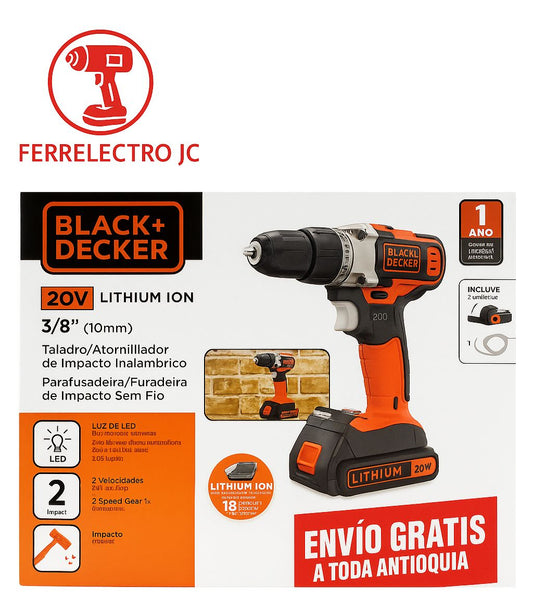 Taladro/Atornillador de Impacto Inalámbrico Black+Decker 20V (3/8”)30Wh 2Ah
